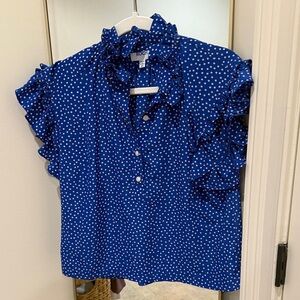 Elegant Blue Polka Dot Ruffle Blouse
